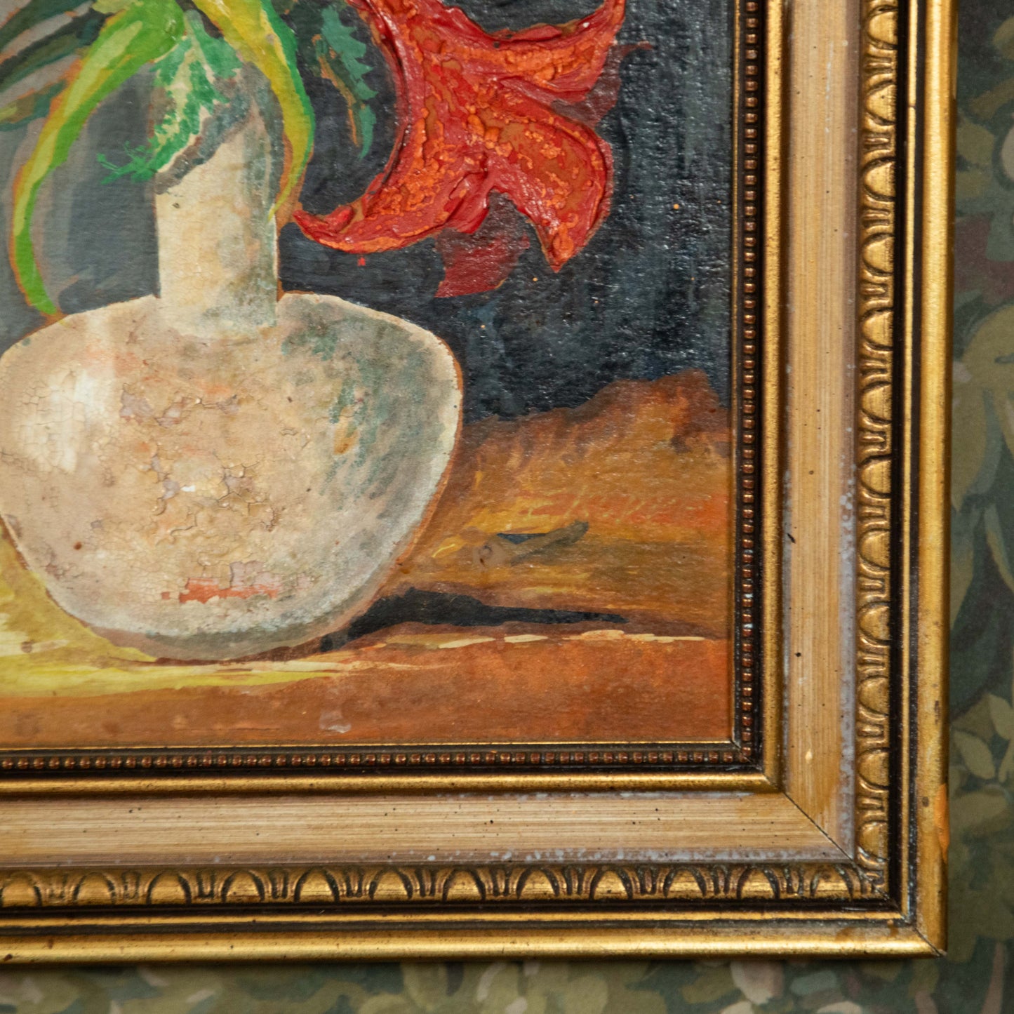 “Crimson Bloom” Vintage Red Lily Still Life Oil Painting, Egg Dart Gilt Frame