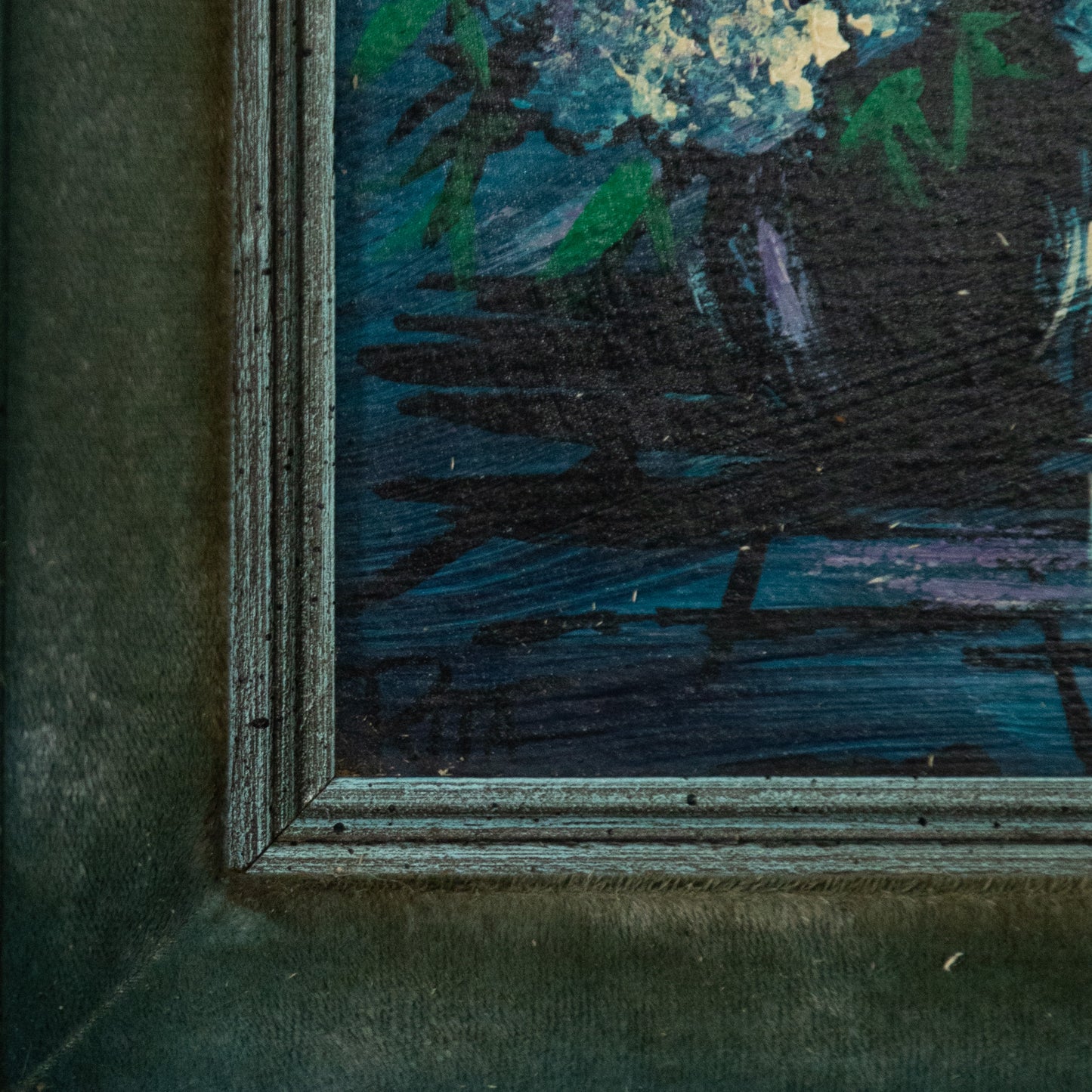 “Blue Mum Still Life” Vintage Oil Board Painting, Vase of Blue Flowers and Mums, Framed