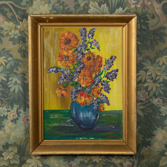 “Sunshine Blooms” Vintage Still Life Oil Painting in Flowers, Vibrant Yellow Background