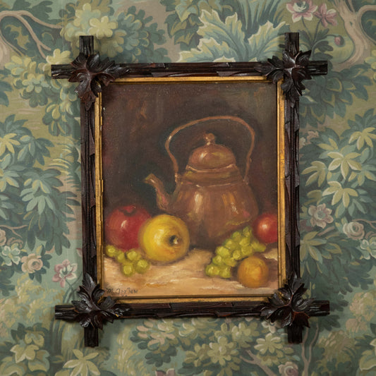 “Ornate Still Life” Vintage Still Life Oil Painting on Board, Ornate Carved Frame