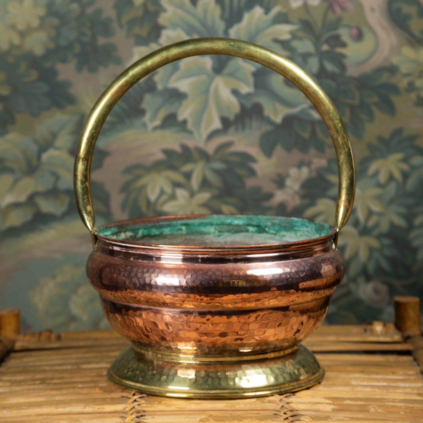 Copper and Brass Punch Tin Basket with Handles