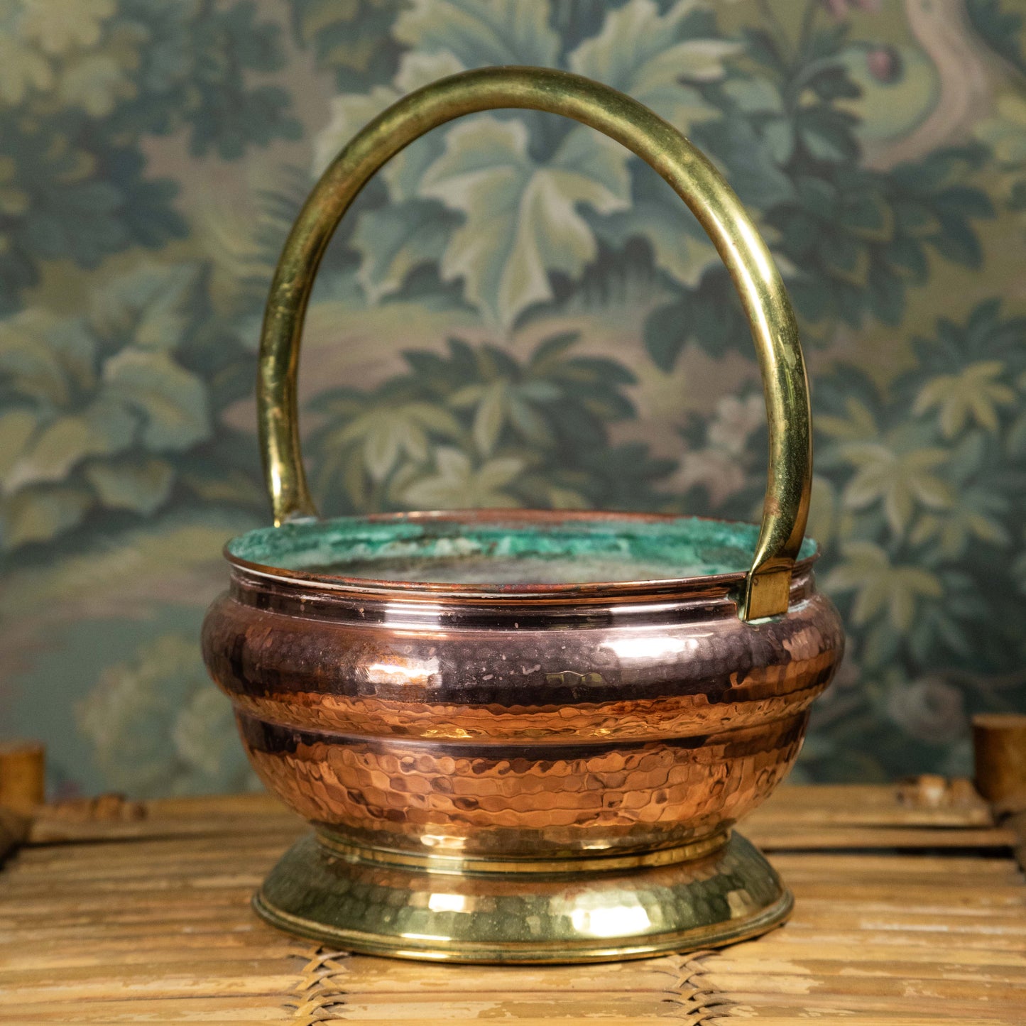 Copper and Brass Punch Tin Basket with Handles