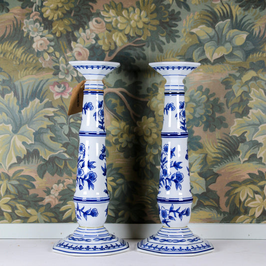 13” Ceramic Blue & White Candlesticks