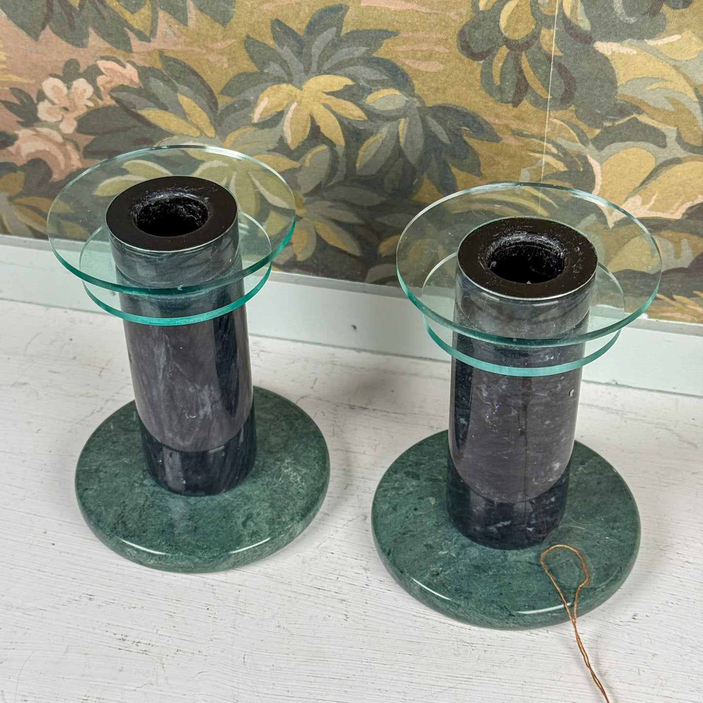 1980s Green Marble Candlestick Pair