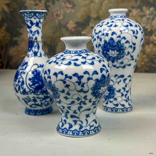 Set of Three Blue & White Bud Vases