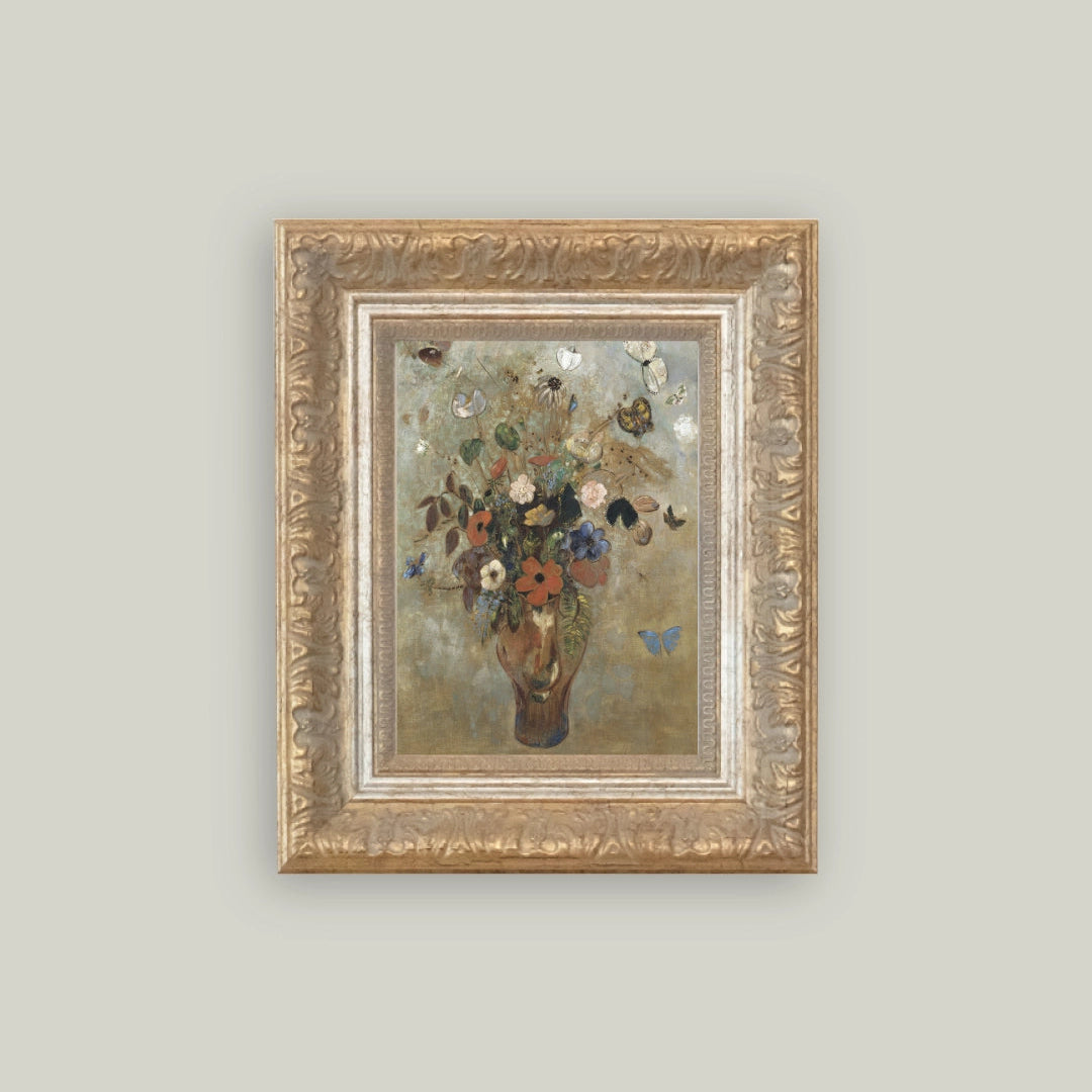 "Flower Butterfly Vase" Painting Framed Reproduction
