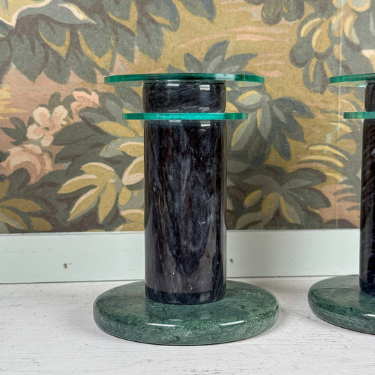 1980s Green Marble Candlestick Pair