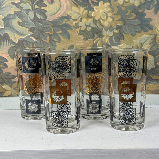 Set of 4 Blue & Gold Hi-Ball Glasses