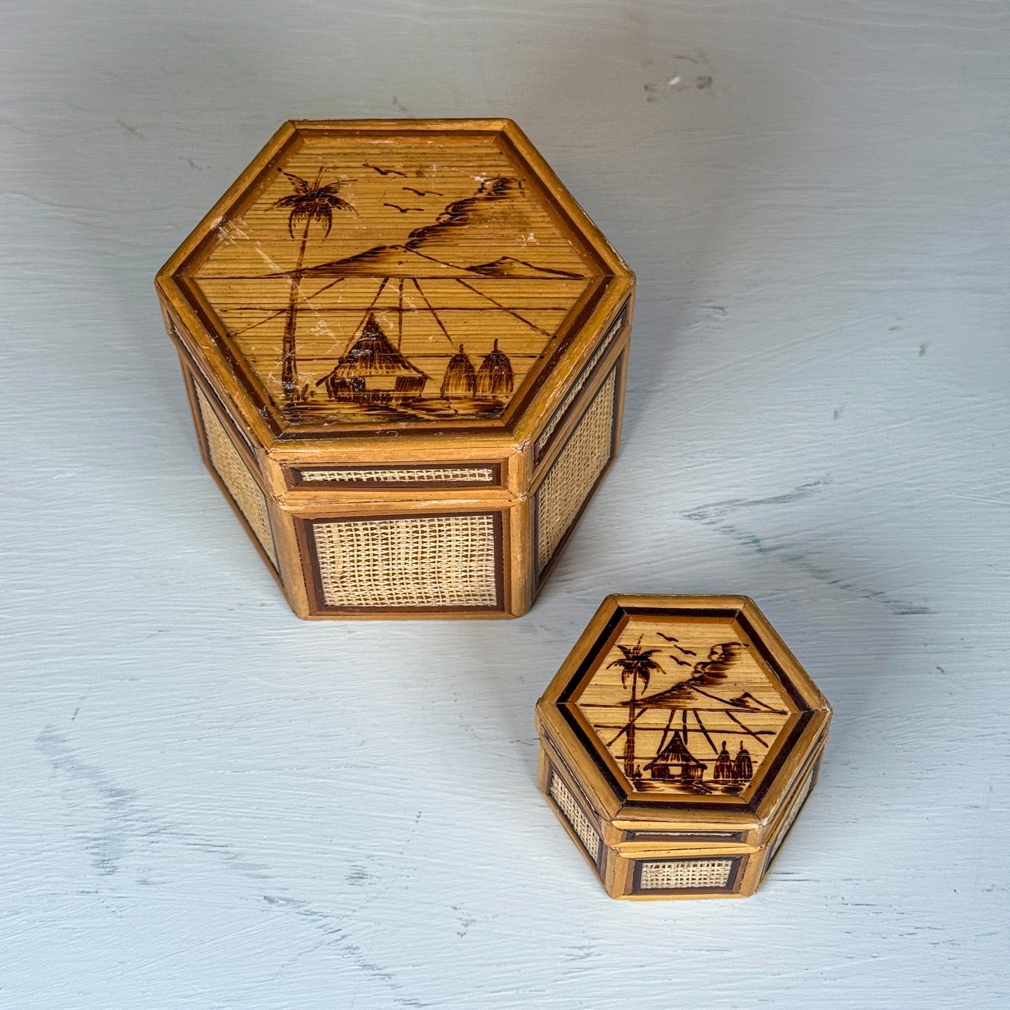 Vintage Hexagonal Bamboo Trinket Boxes