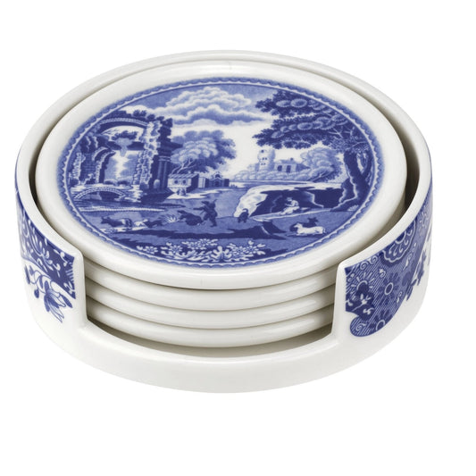 Spode Blue Italian Ceramic Coasters with Holder