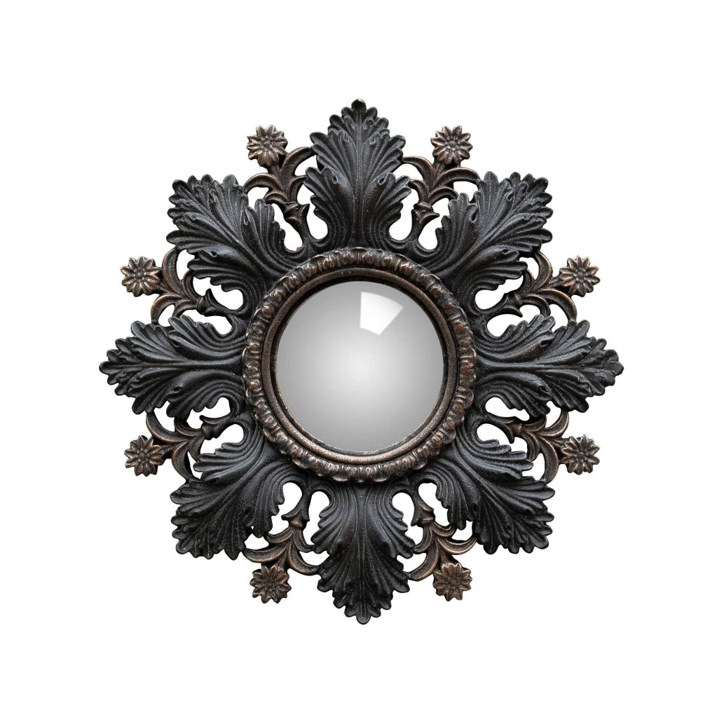 An ornate round wall mirror with a dark, decorative frame featuring intricate leaf and acanthus leaf scrollwork, shown against a plain white background.
