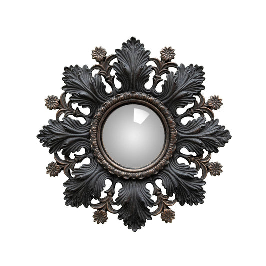 An ornate round wall mirror with a dark, decorative frame featuring intricate leaf and acanthus leaf scrollwork, shown against a plain white background.
