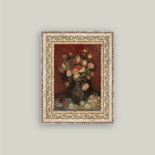 Framed painting of a still life with flowers on a gray background
