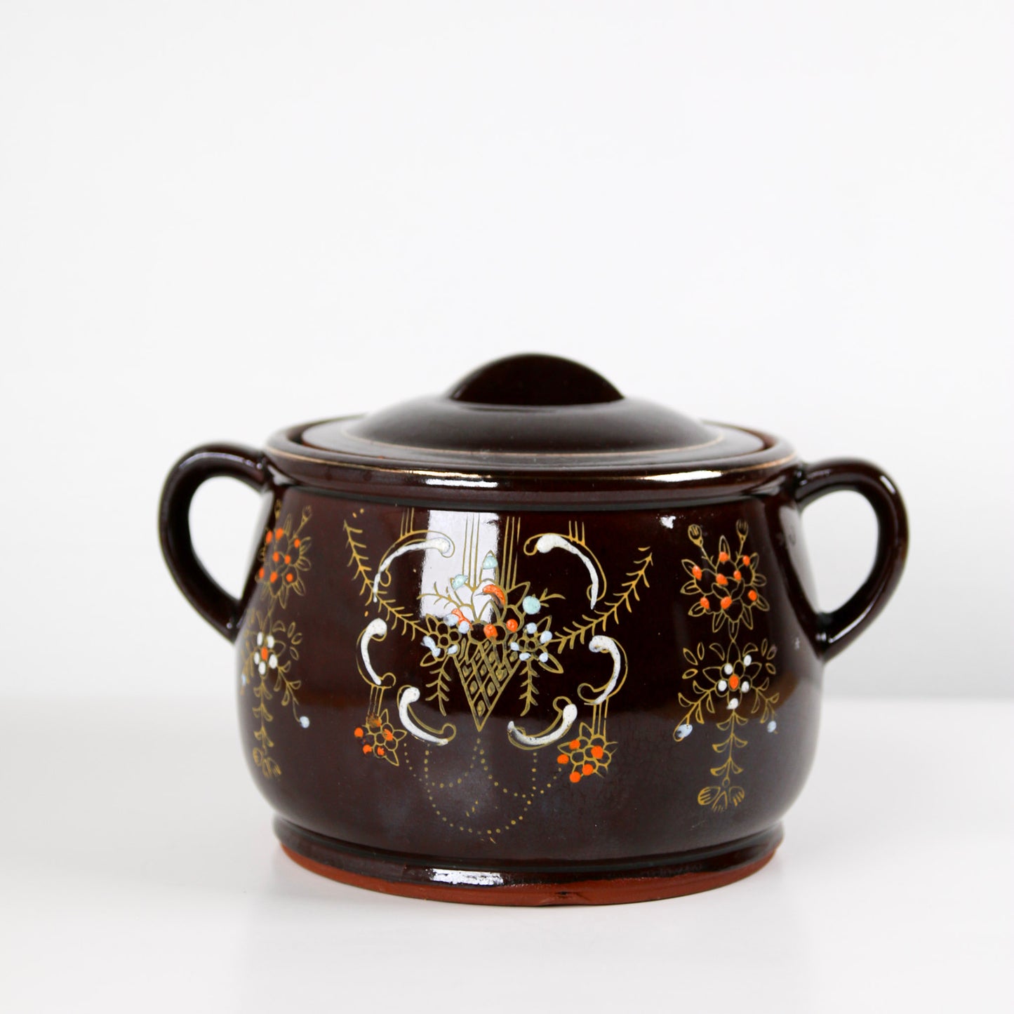 Vintage Redware Pottery Bean Pot with Lid