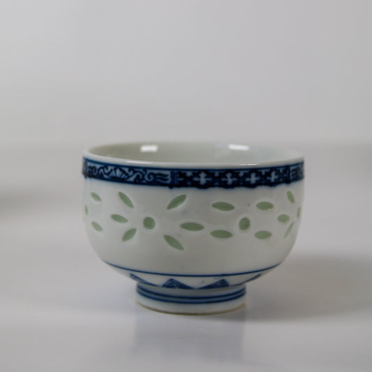 Vintage Chinese Blue & White Rice Grain Porcelain Tea Cups, set of 6
