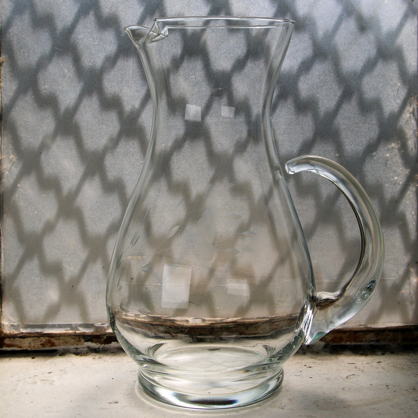 Vintage Etched Glass Pitcher with Floral Design