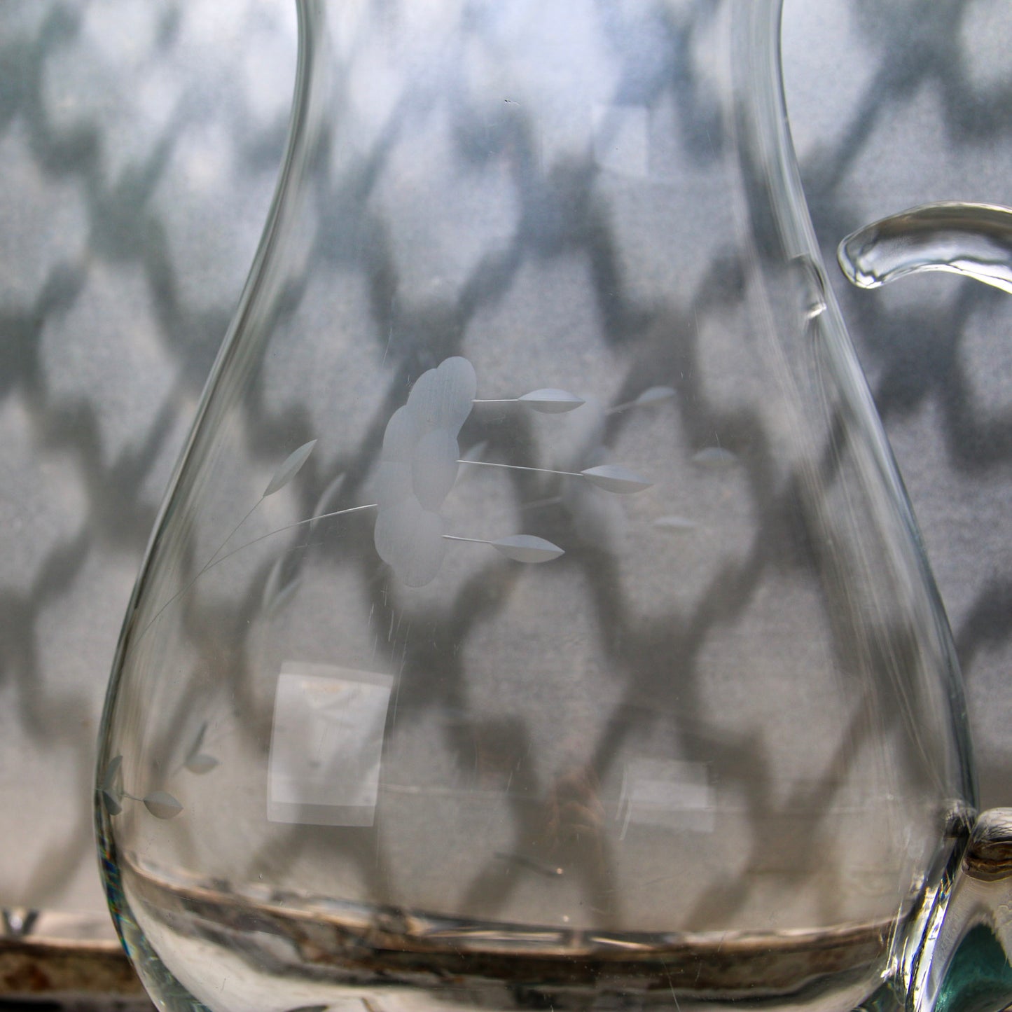 Vintage Etched Glass Pitcher with Floral Design