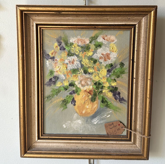 “Gilded Garden” Vintage Original Oil Floral Painting, Simple Gilt Wood Frame
