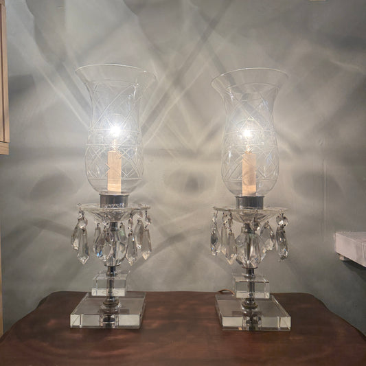 Vintage Etched Hurricane Lamp with Hanging Crystals