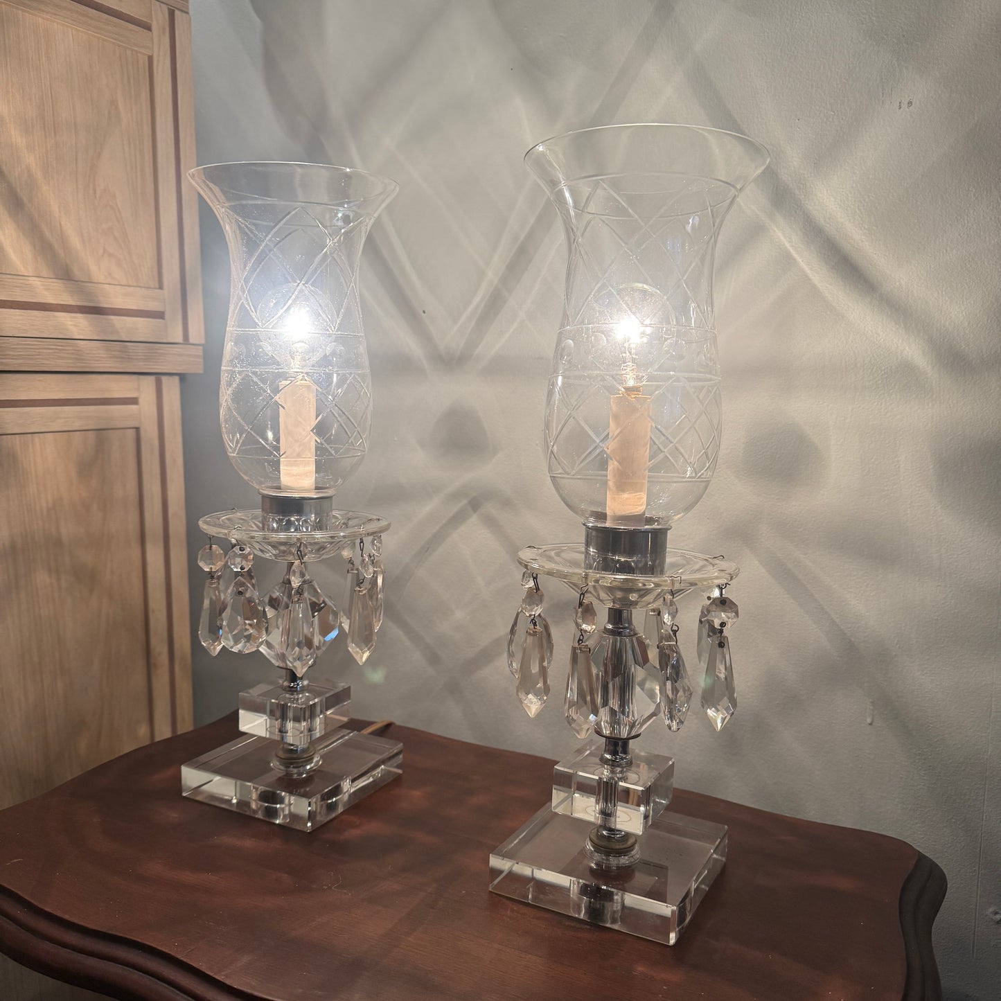 Vintage Etched Hurricane Lamp with Hanging Crystals