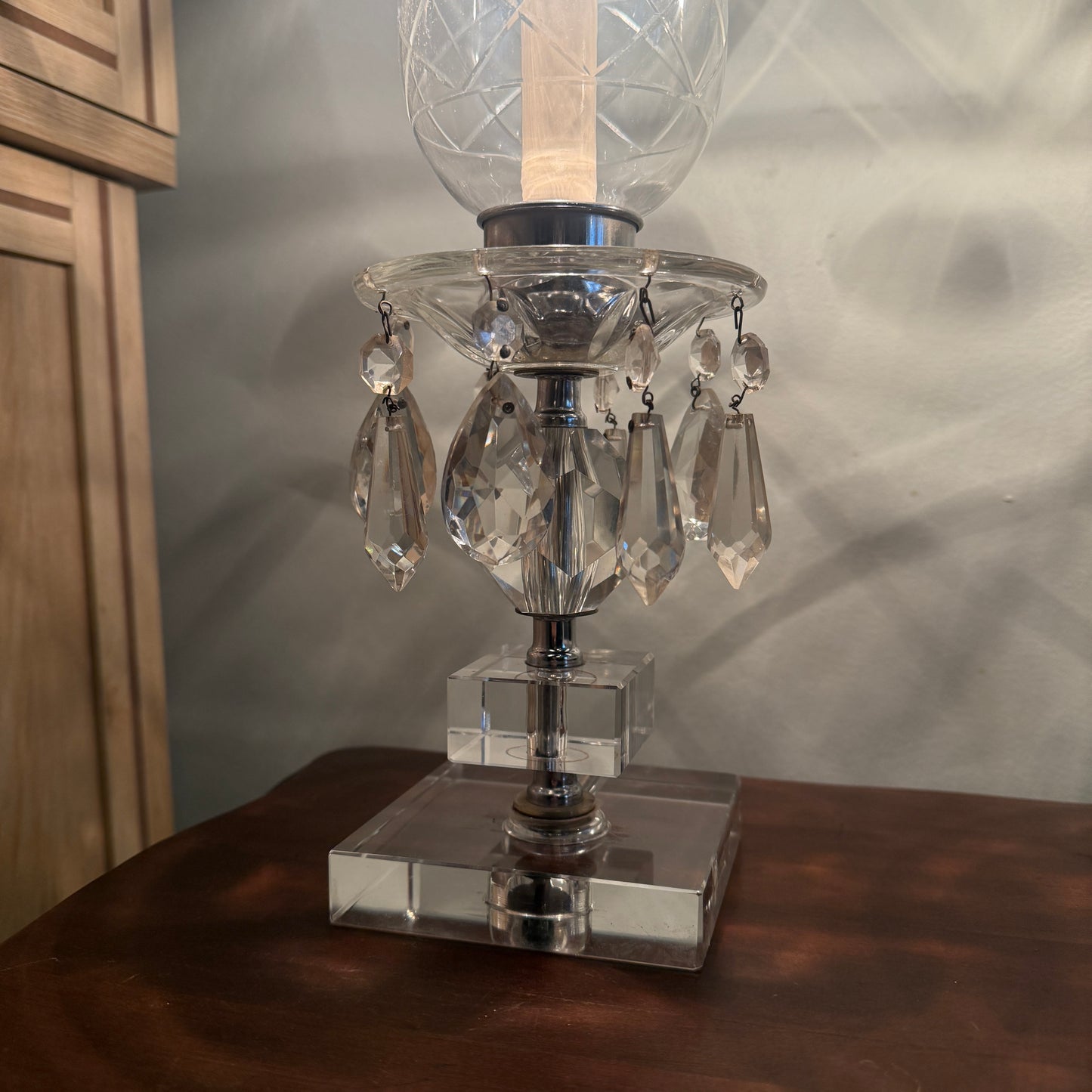 Vintage Etched Hurricane Lamp with Hanging Crystals