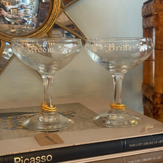 Vintage Bride & Groom Coupe Glasses