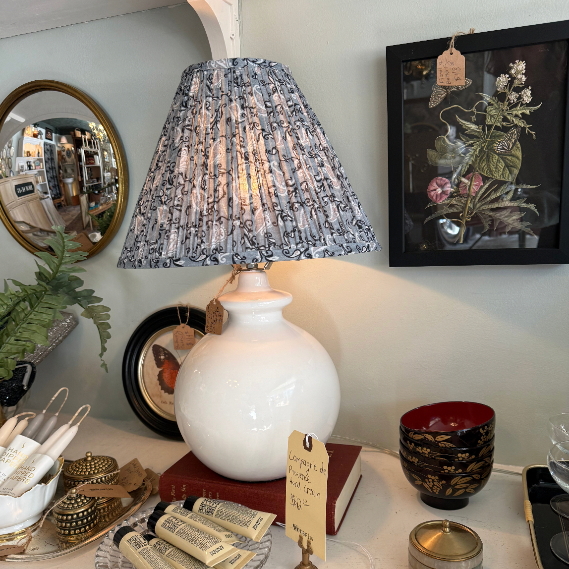 White Ceramic Lamp with Blue Floral Custom Shade