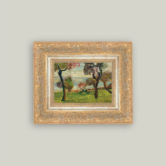 Framed painting of a landscape with trees on a light gray wall