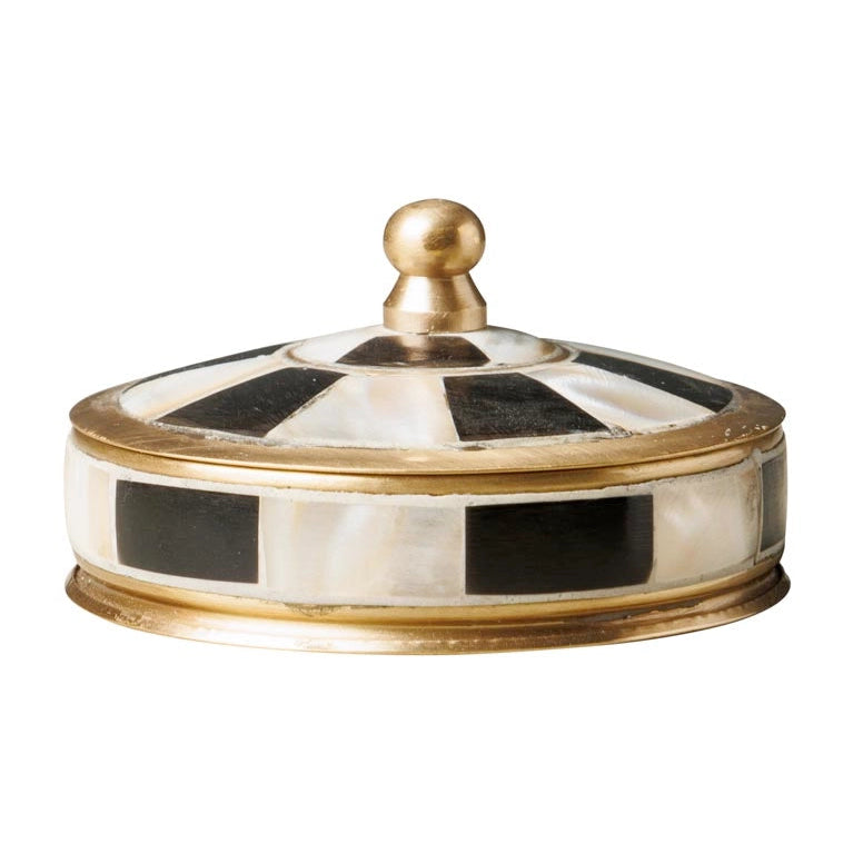 Decorative container with black and white checkered pattern and gold accents on a white background