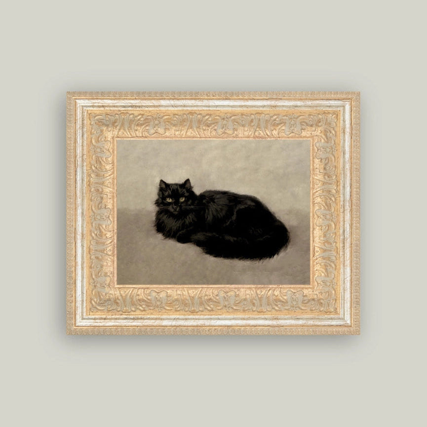 Framed artwork of a black cat on a plain background