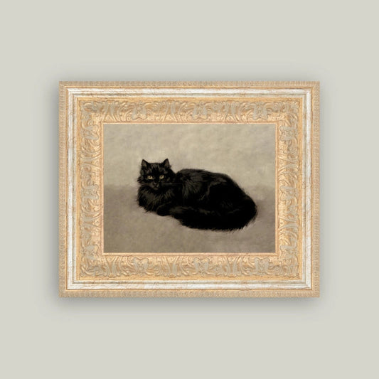 Framed artwork of a black cat on a plain background