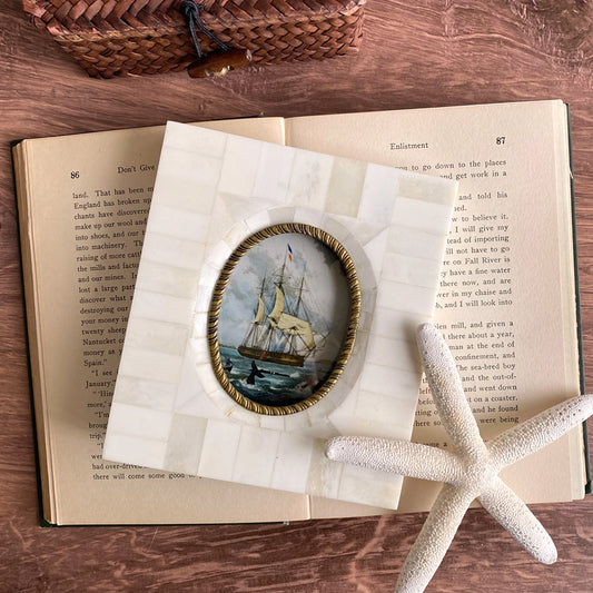Whaling Ship Print in Bone & Brass Frame